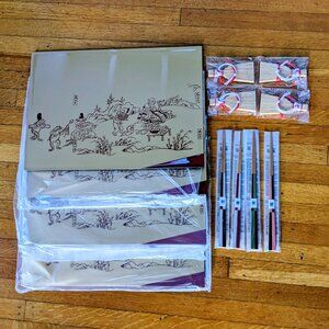 New! 4x Gold/Red Lacquered Japan Kyoto Kaiseki Place Mats/Trays + 4x Chopsticks+